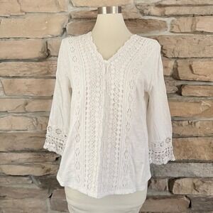 Chicos White Crochet Lace Trim 3/4 Sleeve Slub Knit Top Size 1 Medium